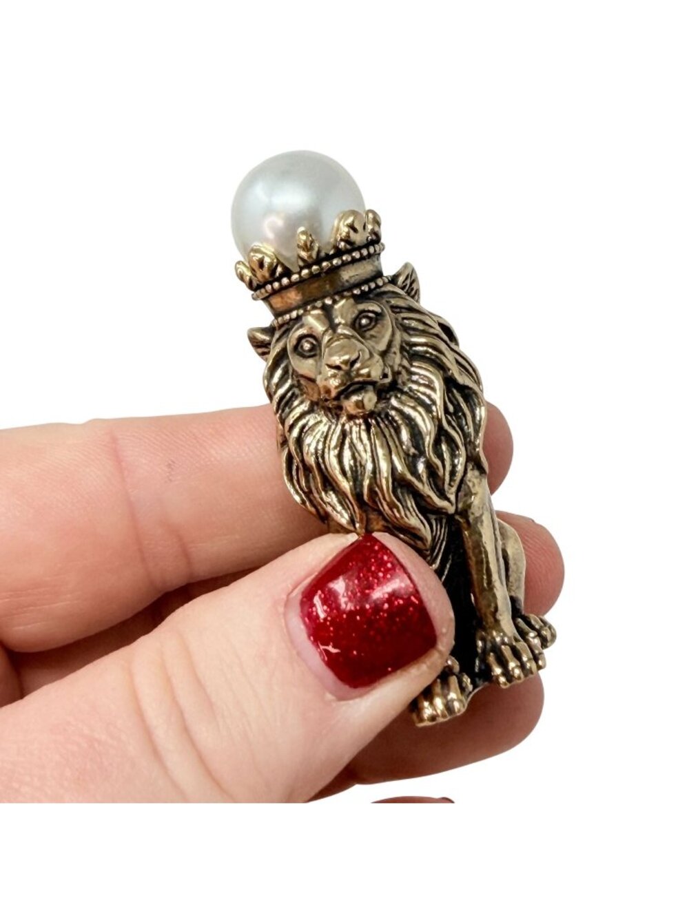 Lion Figurine Crowned Spirit Animal Totem Brass Gold 2.5in 1980s Orb Power Decor